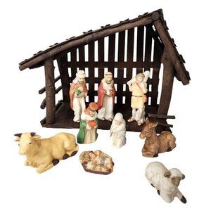 Vintage Nativity Scene With Wooden Stable & Ceramic Figurines 10 piece set